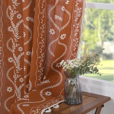 Imagem de Cortinas de terracota 213 cm de comprimento Boho Farmhouse Cortinas para sala de estar, linho semitransparente vintage estampa floral cortinas laranja queimado