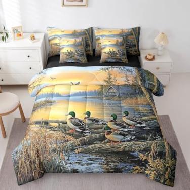 Imagem de Erosebridal Conjunto de edredom casal de pato selvagem, cama de caça de pato em uma bolsa para crianças, adolescentes e adultos, cabana ocidental, ramos de erva daninha, lago, pássaro, animal,