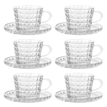Imagem de GURUDAR Conjunto de 6 copos de café expresso de vidro com pires, copo transparente pequeno Demitasse com colheres de aço inoxidável, canecas de café para lava-louças, para chá, chocolate quente,