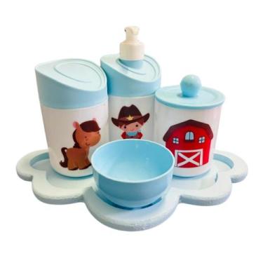 Imagem de Kit Higiene Baby Cowboy Menino c/bandeja em MDF - Dóia Kids, Nuvem Azu