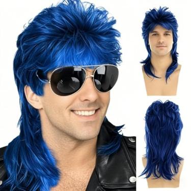 Imagem de Sallcks Perucas Mullet Masculinas Azuis Encaracoladas Anos 70 E 80, Fantasia Cosplay Retro, Rocker, Disco, Show De -