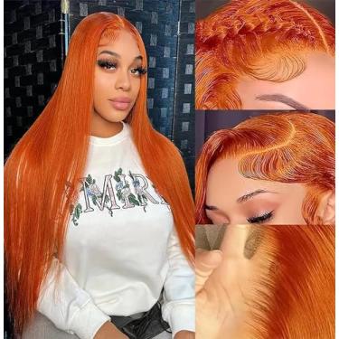 Imagem de XUANCAILE Perucas De Renda Frontal Ruiva, Cabelo Humano, 30 Polegadas, Densidade 180%, 13X4, Completa, Hd, Transparente, Reta, Cor Laranja, Para Mulheres Negras