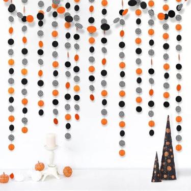 Imagem de Cheerland Guirlanda de círculos de bolinhas brancas com glitter preto e laranja para decoração de Halloween Banner assombrador Pano de fundo demônio Decoração para Bday/Birthday Sweet 16 e festa temática de demônio