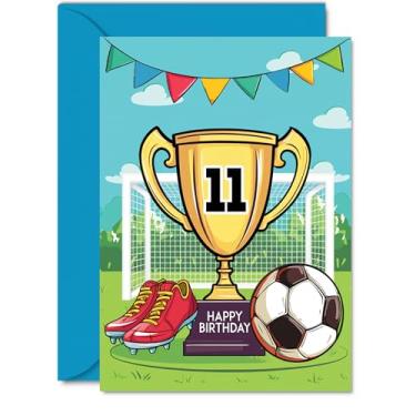 Imagem de Stuff4 Cartão de aniversário de 11 anos menino - troféu campeões vencedores - cartão de aniversário de futebol para meninos de 11 anos, cartões de 11 anos de idade, cartões de saudação A5 Footy
