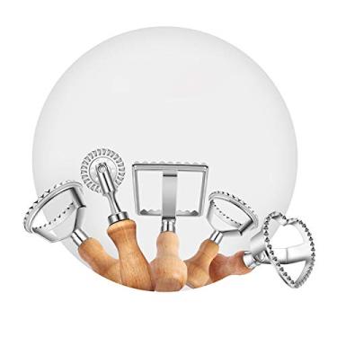 Imagem de Conjunto de cortador de ravioli e cortador de roda de massa com formato quadrado redondo com cabo de madeira para máquina de ravióli de cozinha (conjunto com 5)