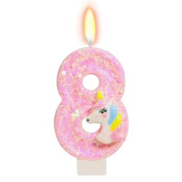 Imagem de FAMGift Velas de aniversário – Vela número 8, decorações de aniversário de 8 anos para meninas, velas de unicórnio rosa para topo de bolo, material de festa com tema de desenho animado