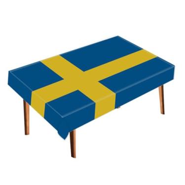 Imagem de Toalha de mesa da Suécia, decoração de toalha de mesa grande com bandeira sueca, corredor de textura macia para decoração de festa em casa 152 x 203 cm