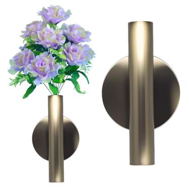 Imagem de Decoração de parede dourada, vaso de parede de plantas, suporte de decoração de tubo de metal usado para exibir flores secas, flores falsas, também adequado para decoração memorial de lápide (1 peça
