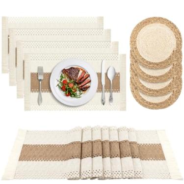 Imagem de ADRIMER Jogo americano feito à mão com 9 peças, jogo americano trançado de serapilheira de algodão natural e vime de vime de vime, conjunto de 4 peças, decoração de mesa de macramê, estilo fazenda