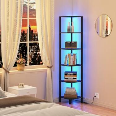 Imagem de TUTOTAK Prateleira de canto com luz LED, estante de canto de 6 camadas para espaço pequeno, suporte de prateleira de canto estreito com rack de armazenamento, para sala de estar, quarto, preto