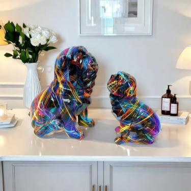 Imagem de Conjunto de estatuetas decorativas de buldogue, esculturas de resina de arte moderna, estátua de estilo grafite colorido, decoração de sala de estar e escritório (linha arco-íris)