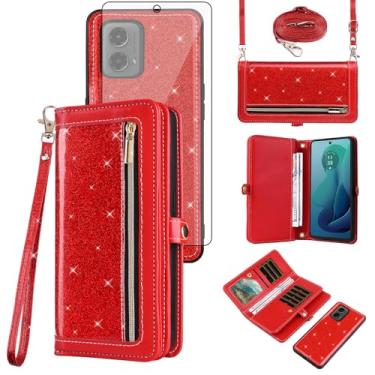 Imagem de Asuwish Capa de celular para Motorola Moto G 5G 2024 com zíper carteira destacável com protetor de tela transversal alça de cordão brilhante flip porta-cartão slot G5G 5 G G5 mulheres homens meninas