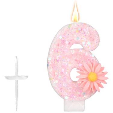 Imagem de Vela de Aniversário Rosa, 7,2cm Glitter, Flor Margarida Brilhante Vela de Números Topo Bolo Decoração Ideal para Aniversário Meninas Festa Presentes (6)
