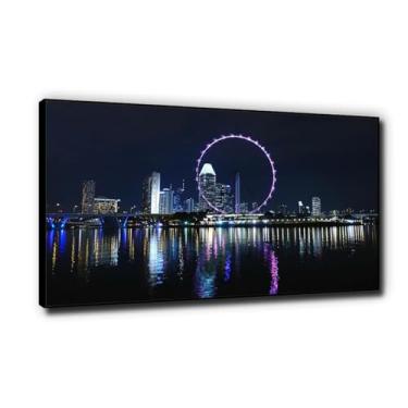 Imagem de Pintura panorâmica em tela Singapura, roda gigante, impressão natural em tela emoldurada paisagem da cidade arte de parede para decoração de casa imagem 80 x 160 cm moldura preta