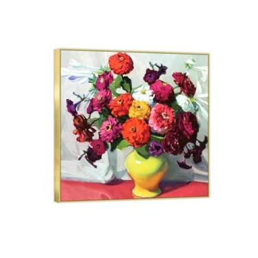Imagem de BMZFYBS Moldura dourada - arte de parede em tela de flor pinturas famosas - decoração de imagens - zinnias em vaso - pôster e impressões para sala de estar 70 x 70 cm 27 x 27 pol