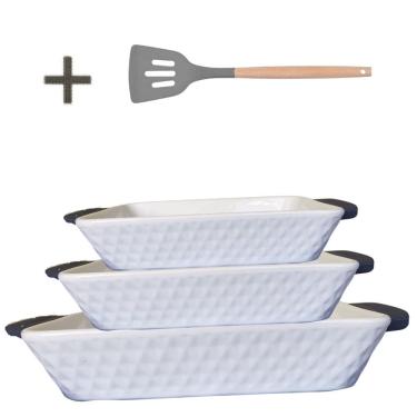 Imagem de Assadeiras e Travessas Retangulares Branca com Alça Silicone 3pçs Lepontine