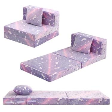Imagem de MeMoreCool Cadeira Futon Dobrável Cama para Crianças, Sofá-Cama Brilhante Dobrável Tri-Fold Colchão de Sofá Infantil Conversível, Sofá de Espuma para Sentar, Roxo