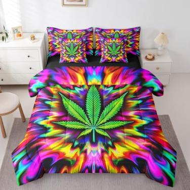 Imagem de Jogo de edredom King com folha de maconha, 7 peças, folhas de erva daninha botânica, mandala tripla para decoração de quarto de meninas e adultos, 4 fronhas coloridas neon estilo tie dye