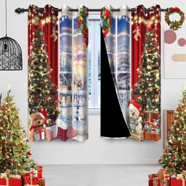 Imagem de Cortinas blackout de Natal para sala de estar, floresta nevada, guirlanda de árvore de Natal, painel preto para quarto, alce, boneca, ilhós, cortinas de janela com isolamento térmico, 132 x 213 cm, 2