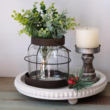 Imagem de Bandeja redonda de madeira com contas brancas envelhecidas, bandeja rústica de 30 cm, bandeja decorativa para mesa de café, sala de jantar, sala de estar, cozinha, decoração de banheiro, branca