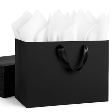 Imagem de OfficceCastle Pacote com 4 sacos de papel pretos, extragrandes 40,6 x 15,2 x 30,5 cm, sacos de presente com alças e 10 papéis de seda brancos, ideais para casamentos, aniversários, festas, negócios