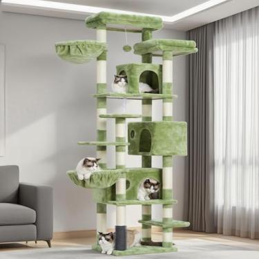 Imagem de Hey-brother Árvore para gatos, 188 cm, multinível, GG, grande torre para gatos internos com três condomínios, dois grandes decks superiores e escova de cabelo para gatos, gatos e animais de estimação,