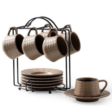 Imagem de KOKUNKA Conjunto de xícaras de café expresso, xícaras de café de porcelana de 118 ml com pires e suporte de metal, pequenas xícaras de cappuccino, conjunto de 6 xícaras Demitasse para expresso, latte