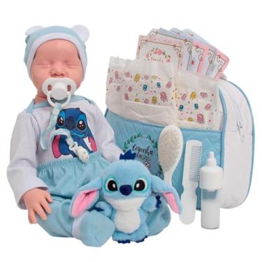 Imagem de Bebê Reborn Careca Roupa Stitch Azul com Pelúcia Fofinho