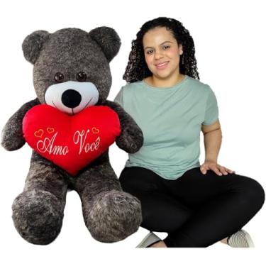 Imagem de Urso de Pelúcia Gigante 1m Cinza com Almofada Coração Amo Voce Romantico Fofo Hipoalergênico Macio - Pelucias HAS Brasil