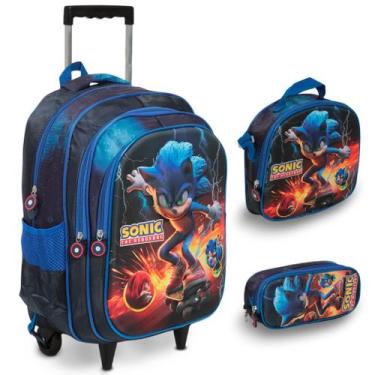 Imagem de Kit Mochila Escolar Com Rodinhas Sonic Estampa 3D Azul - Plike