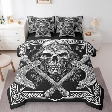 Imagem de Erosebridal Jogo de cama completo de 7 peças com estampa de caveira gótica exótica viking odin heróis chifres guerreiros machado em uma bolsa conjunto de cama totem mitologia nórdica para crianças