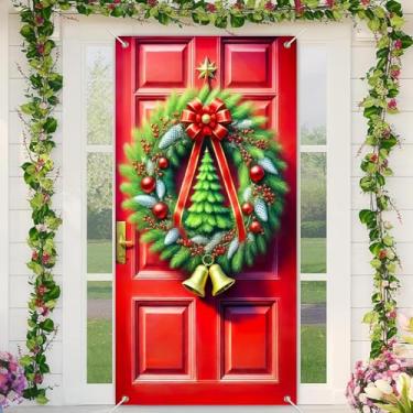 Imagem de BlissYard Capa de porta de Natal, guirlanda de árvore festiva, sinos de 89 x 188 cm, faixa de porta da frente para decoração de parede interna e externa, tecido de poliéster, vermelho, decoração de