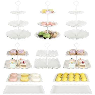 Imagem de 10 peças de suporte de cupcake, conjunto de exibição de mesa de sobremesa, mesa de petiscos, bolo de doces, bandeja em camadas de deserto, bandejas de 3 camadas para chá de chá, decoração de chá de