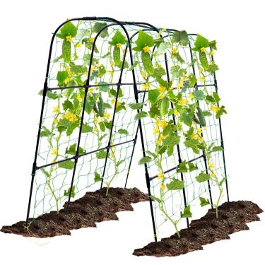 Imagem de OTOSUNNY Treliça De Pepino Para Jardim, Plantas Trepadeiras Ao Ar Livre, Suporte Metal Em Formato U 50 X 48 Polegadas, Canteiro Elevado Vegetais, Videira, Ervilha E Feijão, Com Rede, Preto