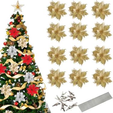 Imagem de 12 peças de poinsétias artificiais de flor de poinsétia dourada com clipes, decoração de flores de Natal com hastes, enfeites de Natal de poinsétia com glitter, guirlanda de Natal faça você mesmo
