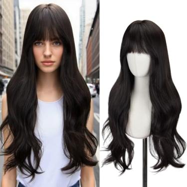 Imagem de STYLER Peruca preta com franja para mulheres - Perucas pretas onduladas de 66 cm de comprimento, cabelo sintético resistente ao calor, perucas de aparência natural para uso diário, Halloween, Natal