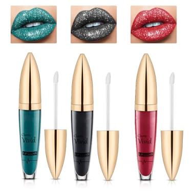Imagem de Pieukesy Conjunto clássico de batom líquido com glitter vívido – 3 peças de brilho labial metálico brilhante à prova d'água