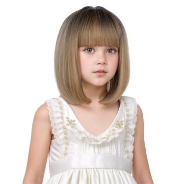 Imagem de Edivd Peruca bob loira preta ombré para crianças, peruca curta, ombré, loira, reta, perucas com franja, cabelo sintético resistente ao calor com touca
