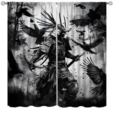 Imagem de Cortinas blackout Samurai para meninos, tinta japonesa asiática, corvo preto, floresta, bushido, estampa de cortinas de janela para crianças, meninos, quarto, sala de estar, 106 x 114 cm