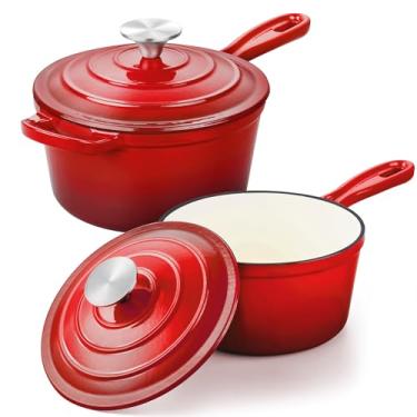Imagem de Panela de ferro fundido esmaltado com tampa, panela de 1 + 2 litros com tampa, panelas de cozinha de forno holandês de ferro fundido esmaltado para todos os cooktops, fazer molho de macarrão, leite