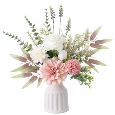 Imagem de Flores falsas em vaso, flores artificiais com vaso, arranjos florais de 38 cm para decoração de mesa de jantar, rosas de seda e buquê de dália falsa para decoração de mesa de centro de cozinha de