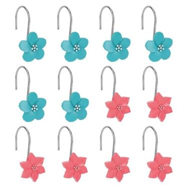 Imagem de 12 Ganchos para Cortina de Duche com Flores, Azul e Rosa Cabides Decorativos Casa Banho Argolas Metal Cortina para Decoração Artística em Casa Banho Quarto Bebé e Berçário