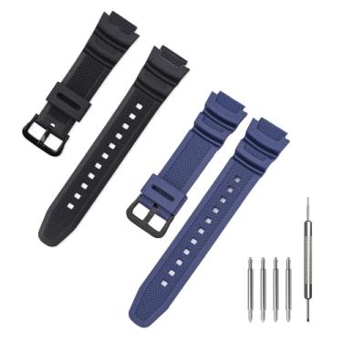Imagem de Jtffjsy Pulseira de silicone de substituição para Casio AE-1300, AE-1200 W218H W-219H F-108WH SGW-300H W800H Pulseira de resina natural à prova d'água (azul e preto)