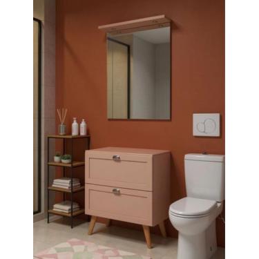 Imagem de Gabinete para Banheiro com Tampo e Espelho com Led 80cm Retro Mdf Rosa