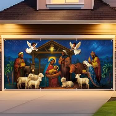 Imagem de Remagr Capa de porta de garagem de presépio afro-americano - 1,8 x 4 m de fundo de parede de religião de Natal banner pendurado decorações de garagem para festas de Natal Jesus Cristianismo Fundos de