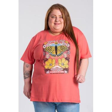 Imagem de T-shirt Feminina Plus Size Malha Algodão Estampada "PEACE & LOVE" - Se