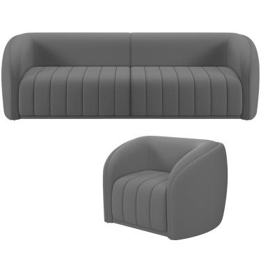 Imagem de Kit Sofá 4 Lugares Para Sala de Estar 292 cm Com 01 Poltrona Lazio M03 Veludo Cinza - Lyam Decor