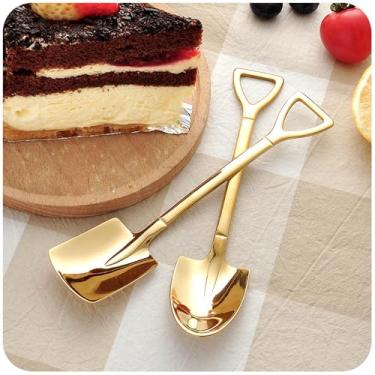 Imagem de Colher de pá, colheres de sobremesa - 2 colheres de sorvete, colheres douradas em forma de pá, mini colher de chá de café da tarde de cabo longo para casa, cozinha, restaurante, festa (dourado)