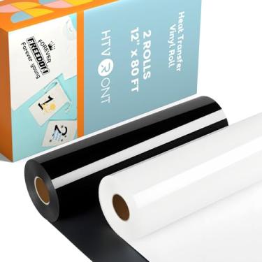 Imagem de HTVRONT Rolos de vinil de transferência de calor - 2 pacotes de 30,5 cm x 24,4 m HTV preto e branco para camisetas, ferro em vinil compatível com máquina de corte Cricut (branco e preto)