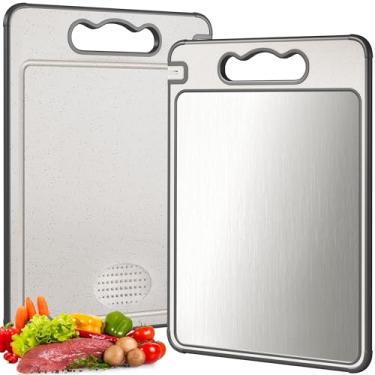 Imagem de Tábua de corte de aço inoxidável, tábua de cortar dupla face para cozinha, resistente a arranhões com design de malha, bordas de silicone antiderrapante, ranhura de suco, pode ser lavada na